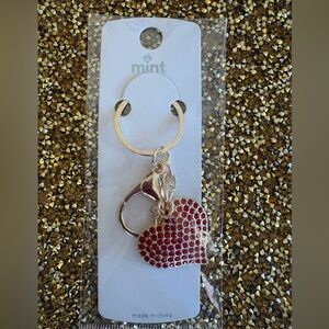 Mint Red Crystal Heart Keychain with Gold Hardware.